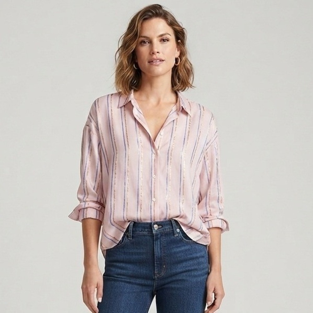J Jill Striped Button Down Shirt Blush Chic Long Sleeve Women 2X Business Casual